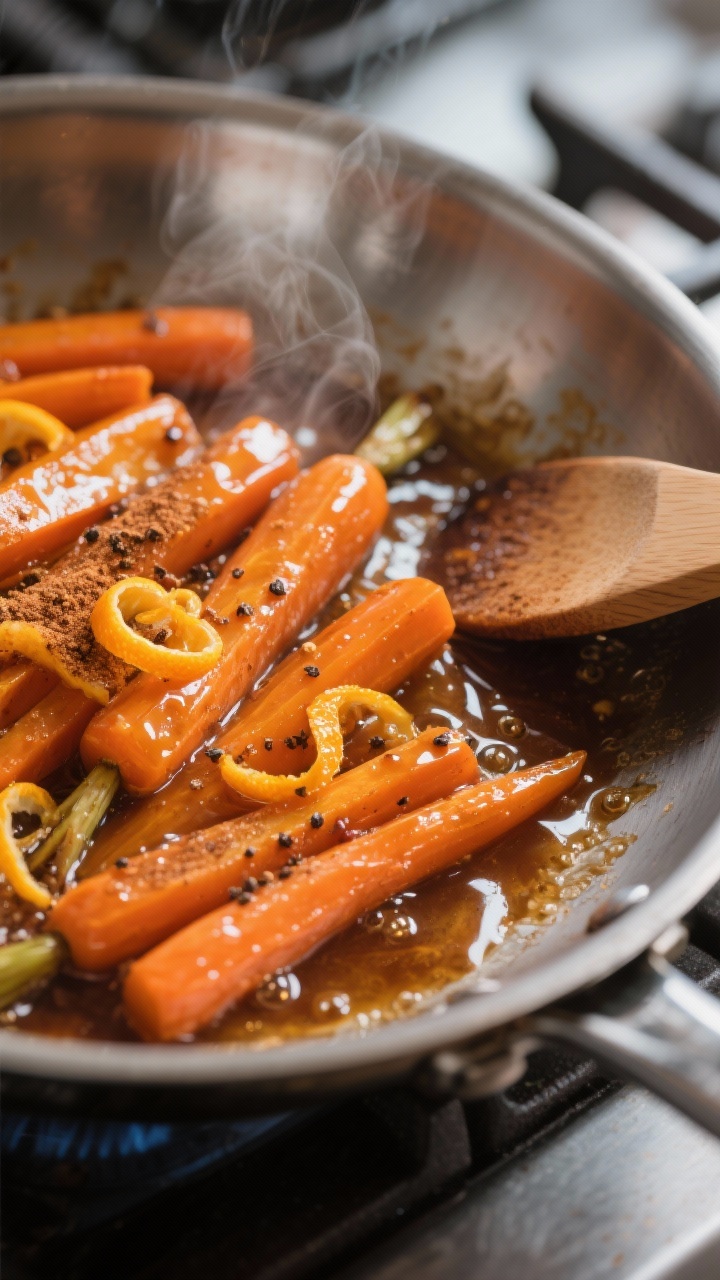 Cooking process, close-up detail: Glazed carrots finishing in a wide stainless-steel skillet, butter