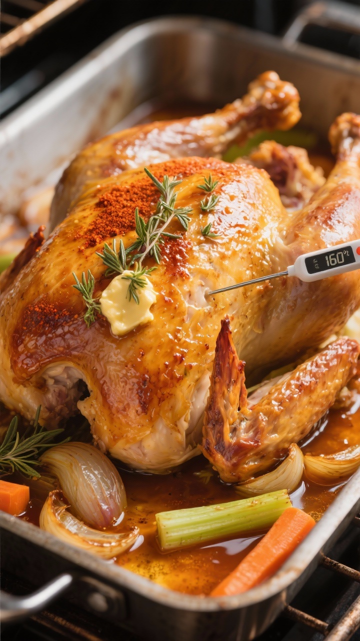 Cooking process, close-up detail: Golden roast turkey in the oven at the 325°F stage, close-up of d