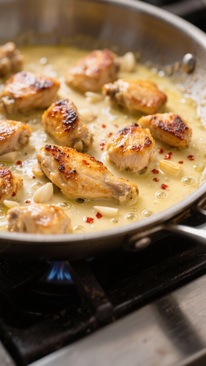Cooking process, close-up detail: Golden seared chicken bites sizzling in a large skillet as garlic 