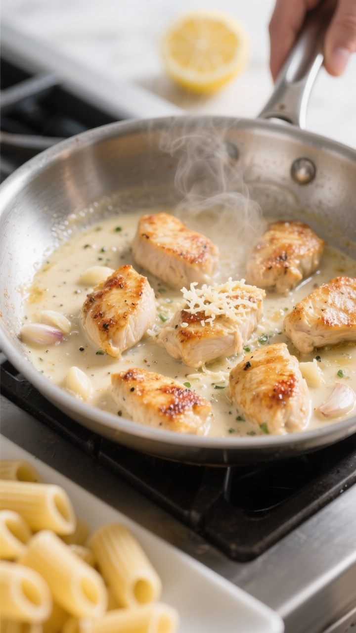 Cooking process, close-up detail: Golden seared chicken bites sizzling in a wide stainless-steel ski