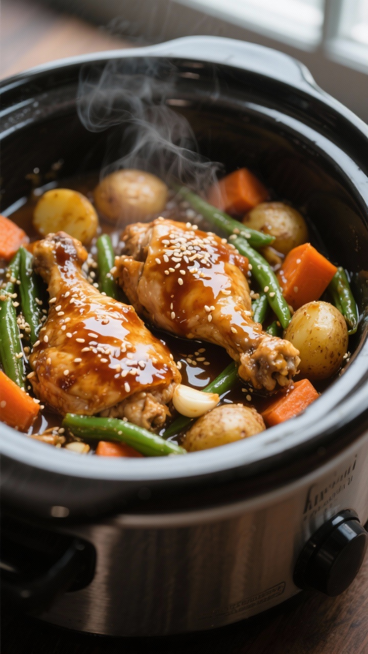 Cooking process, close-up detail: Slow cooker honey garlic chicken and veggies bubbling near the end