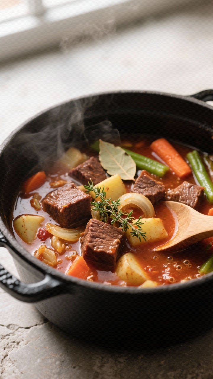Cooking process, close-up detail: Steaming Dutch oven of vegetable beef soup at a gentle simmer, clo