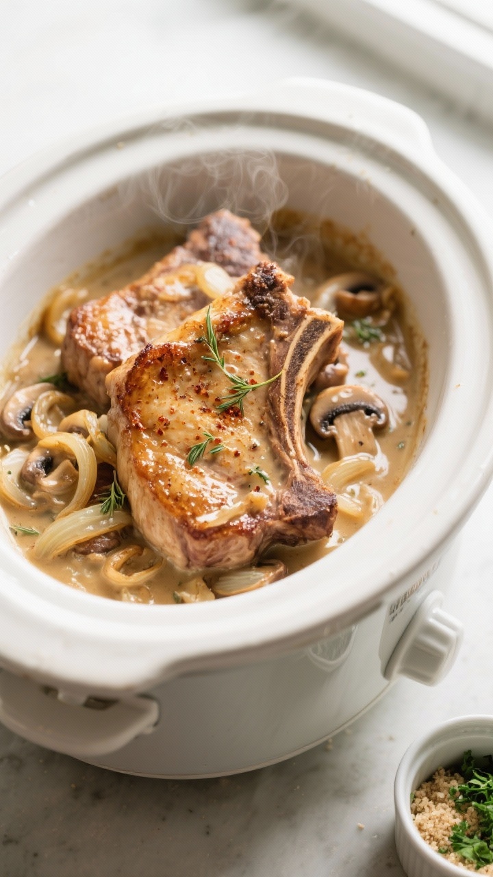 Cooking process close-up: Golden-brown seared pork chops nestled in a slow cooker, smothered with so