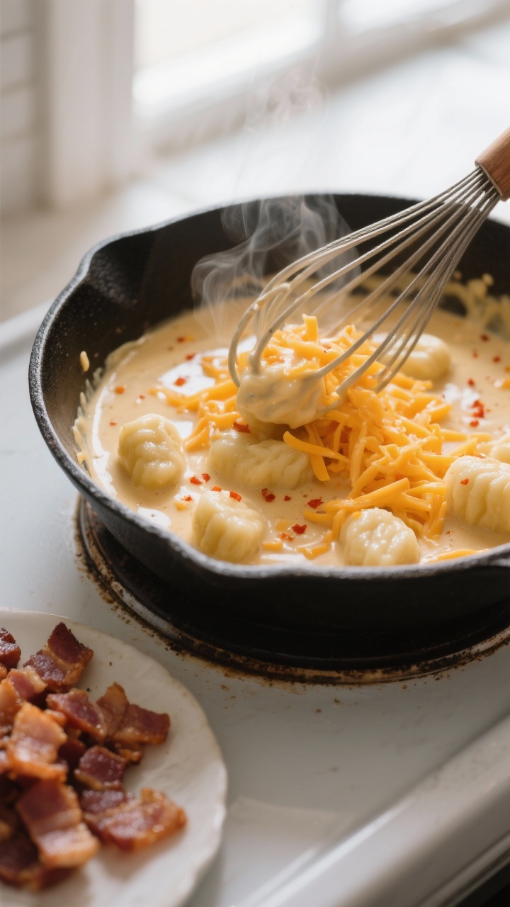 Cooking process close-up: In-skillet cheddar cream sauce turning silky as freshly shredded sharp che