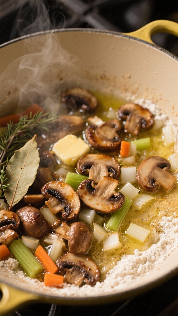 Cooking process close-up: Sautéed mushrooms and aromatics developing fond in a Dutch oven, showing 