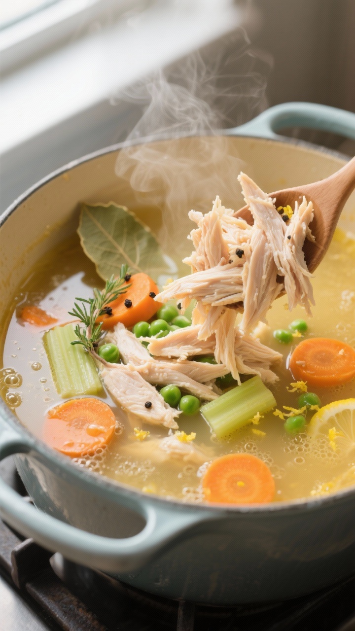 Cooking process close-up: Shredded chicken being returned to a simmering pot of golden chicken soup,