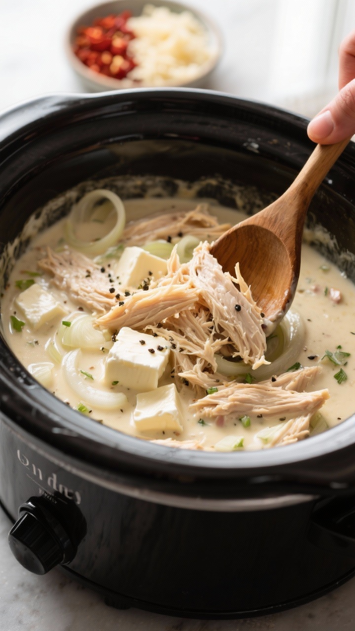 Cooking process close-up: Shredded slow-cooked chicken being folded back into a creamy, melting sauc