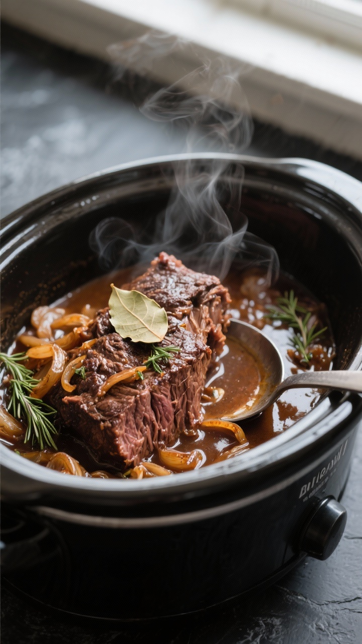 Cooking process close-up: Slow cooker braised chuck roast after 7–8 hours on Low, falling-apart te