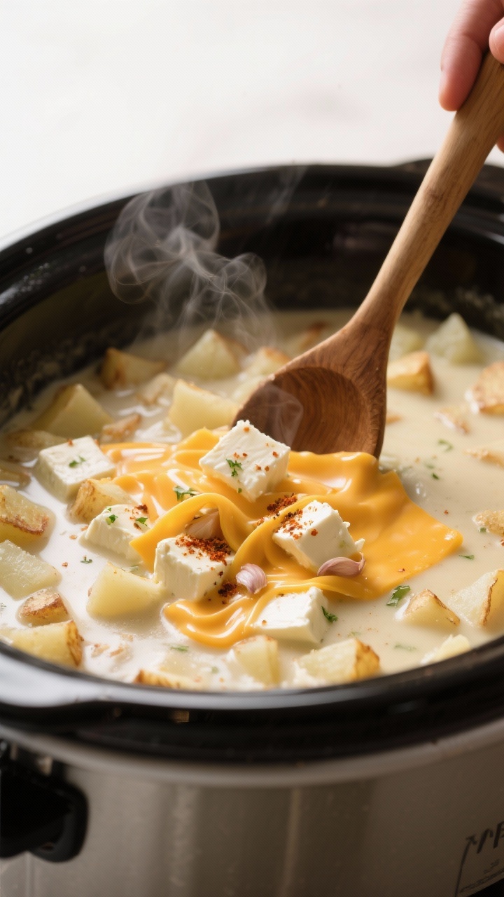 Cooking process close-up: Slow cooker filled with tender, cooked diced hash brown potatoes in a crea