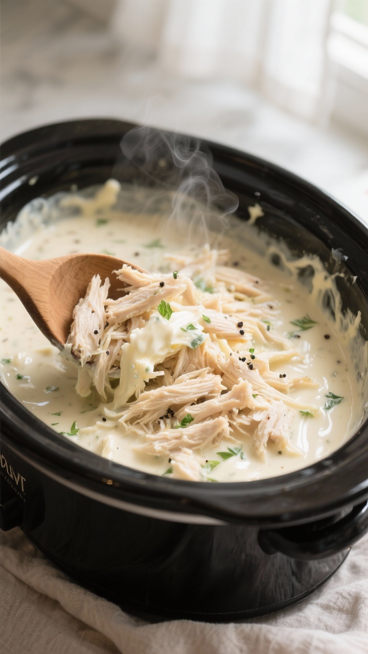 Cooking process close-up: Tender shredded ranch chicken being folded back into a glossy, velvety cre