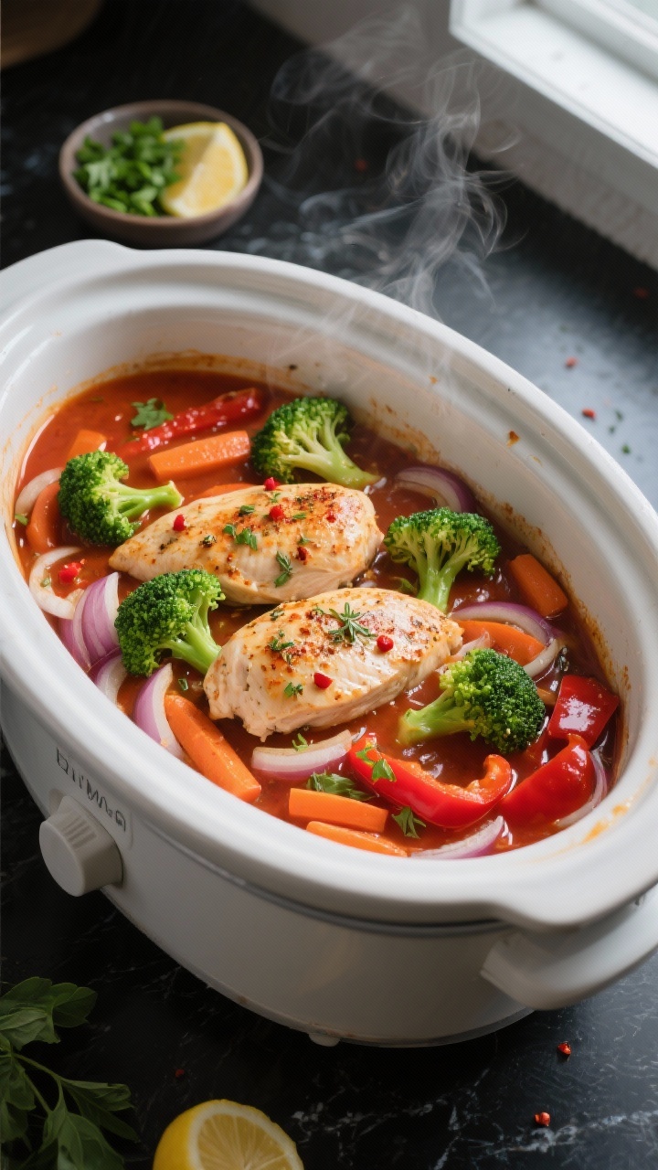 Cooking process, overhead: Overhead shot of a crockpot mid-cook with tender, seasoned chicken breast