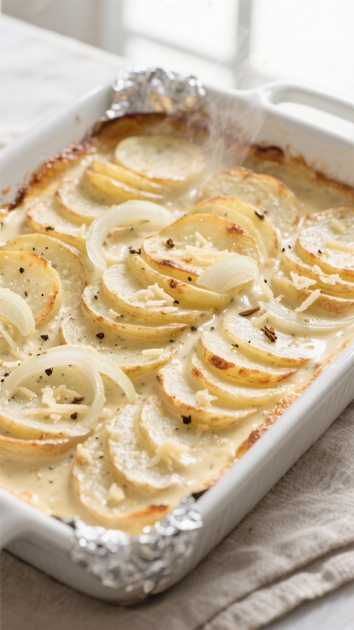 Cooking process, overhead: Overhead shot of scalloped potatoes mid-bake just after foil removal, sho