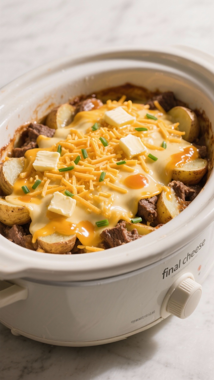 Cooking process: Overhead shot of the casserole inside the slow cooker at the “final cheese” sta