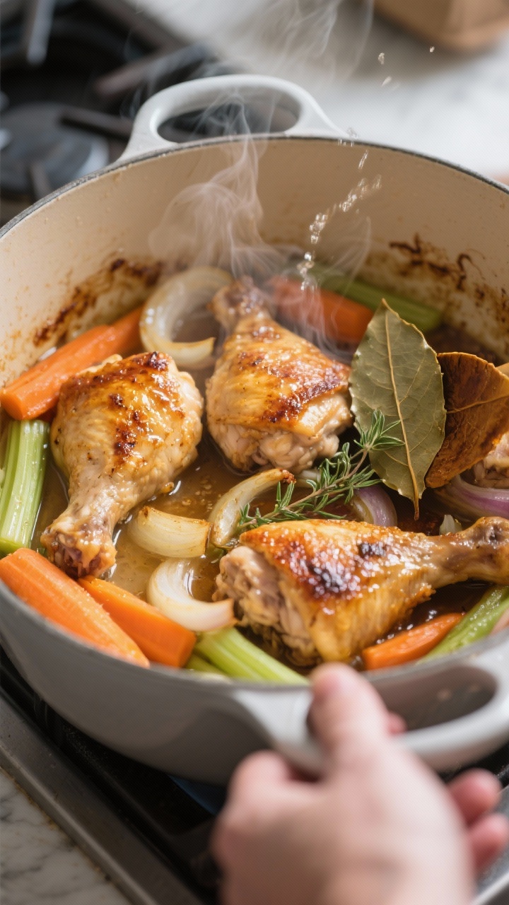 Cooking process — Searing and simmering: Close-up of golden-browned chicken thigh pieces nestled a