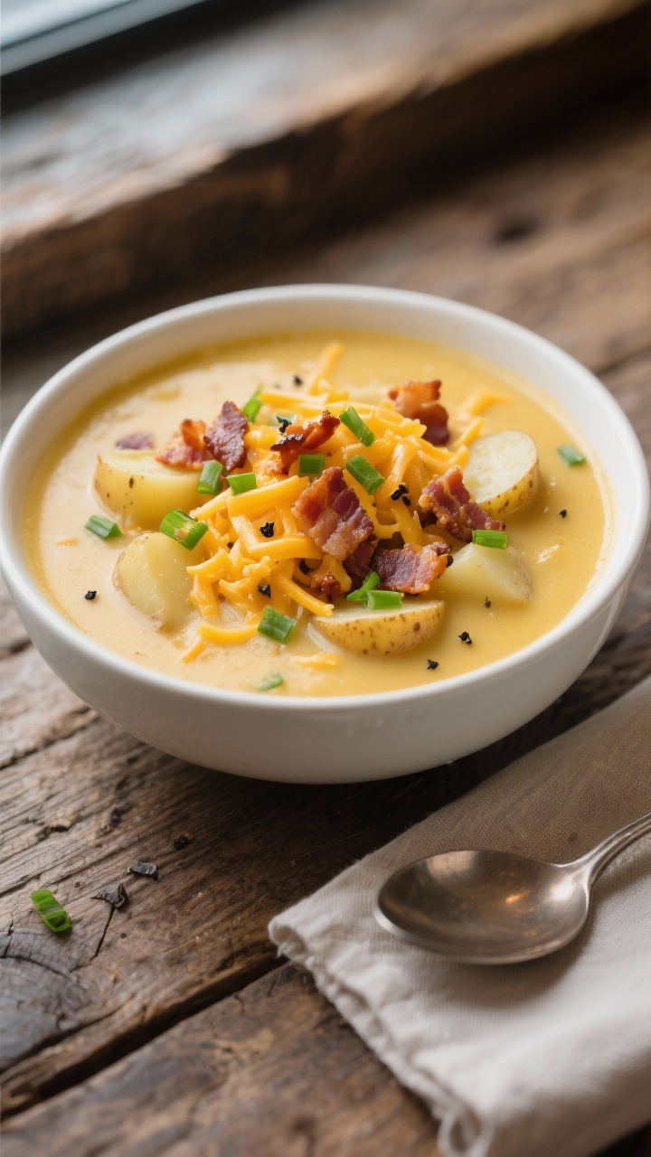 Final bowl presentation: Beautifully plated Crock Pot Crack Potato Soup in a matte white bowl on a r