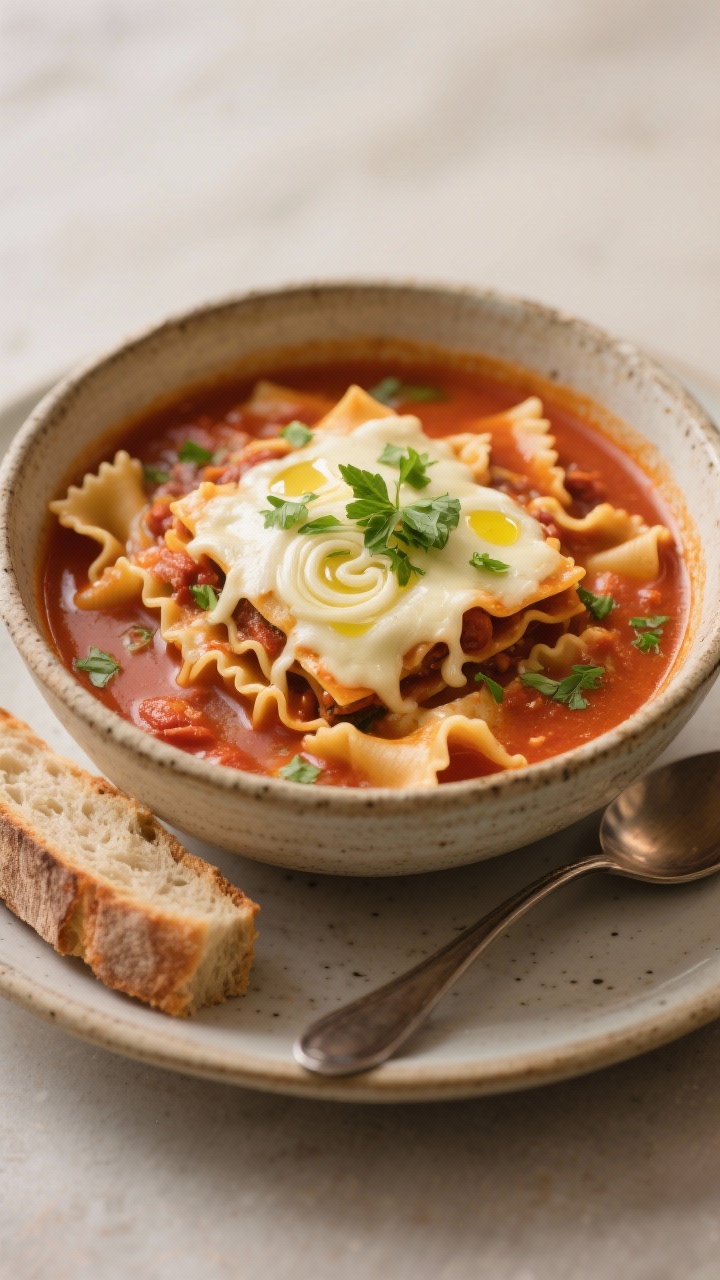Final dish beauty shot, 3/4 angle: a rustic ceramic bowl of Crockpot Lasagna Soup with ruffled pasta