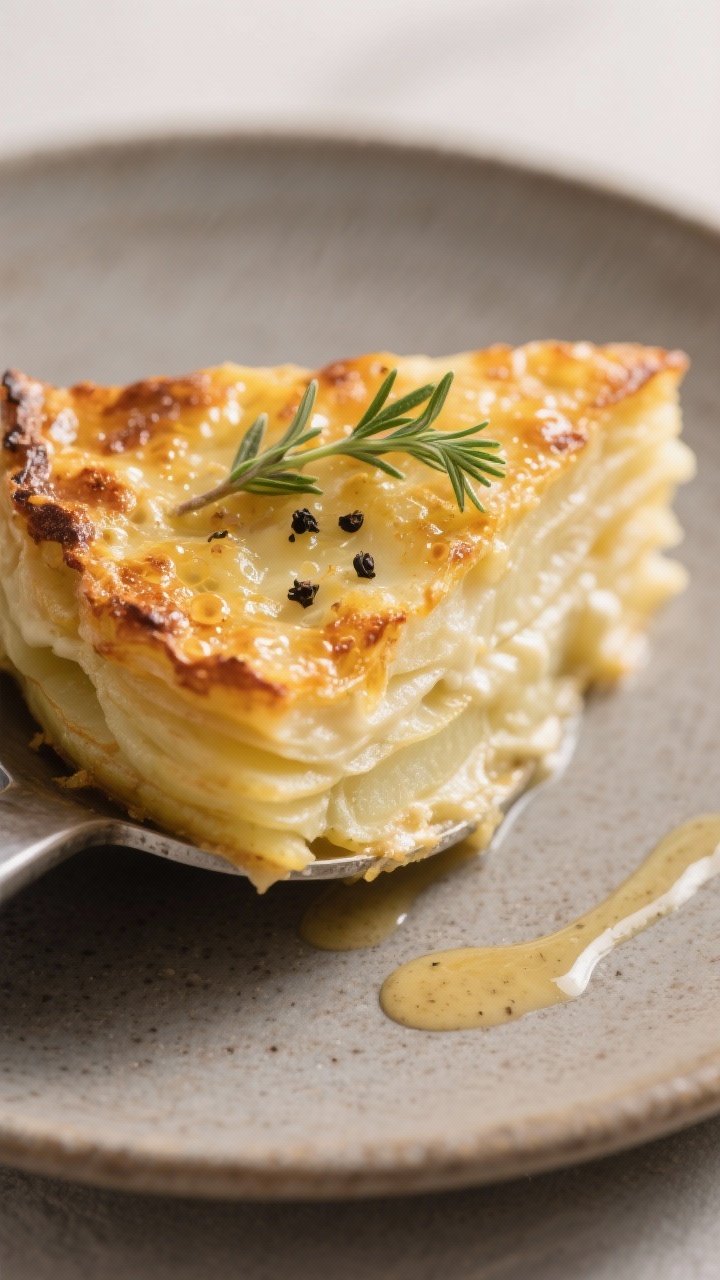 Final dish, close-up detail: Tight close-up of a just-rested wedge of scalloped potatoes lifted from