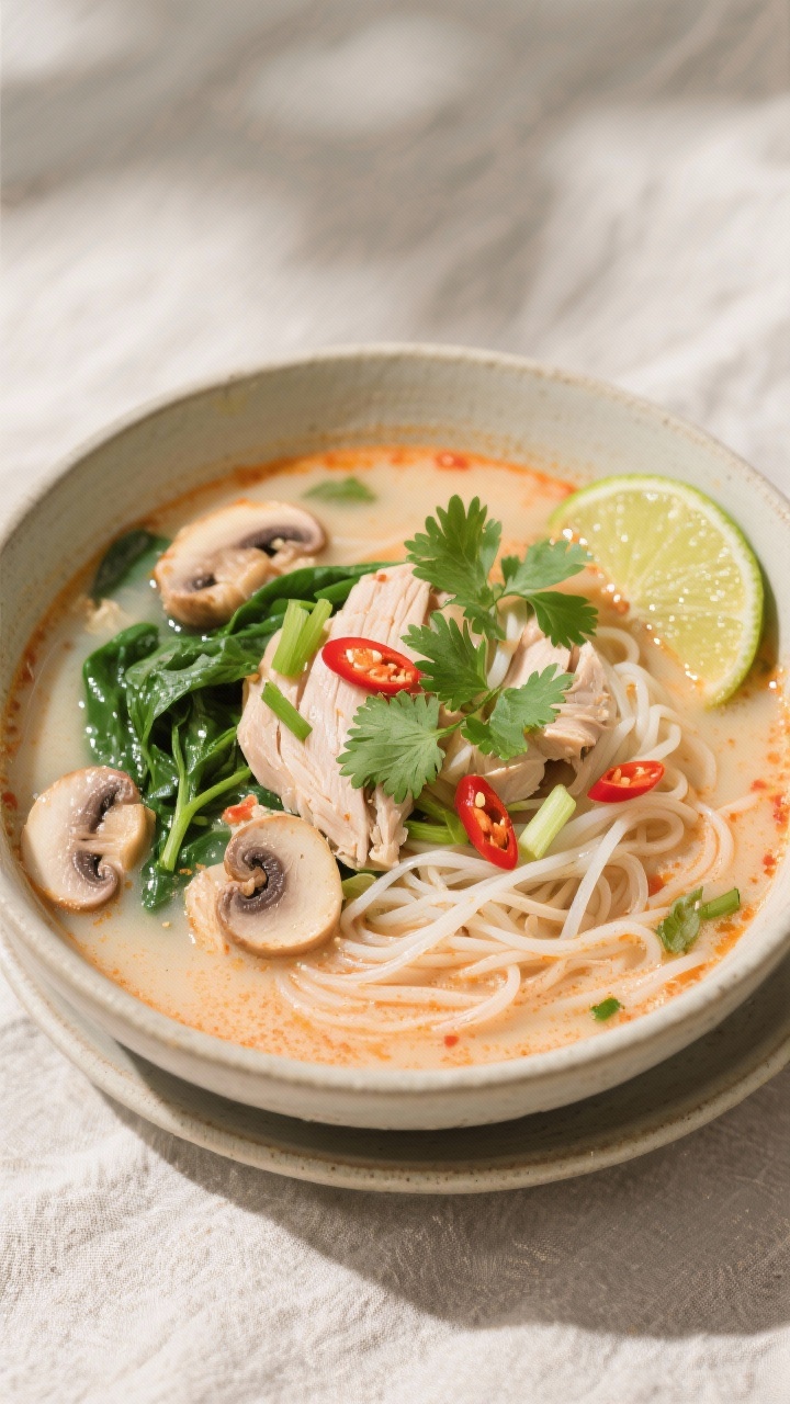 Final dish overhead: A beautifully plated bowl of Easy Thai Chicken Soup, showing a creamy, coral-ti