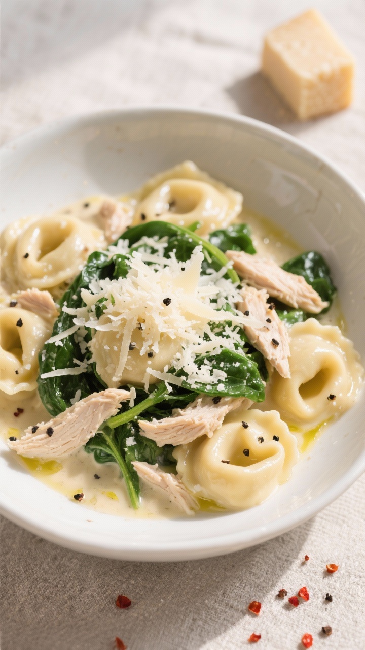 Final dish overhead: A generous bowl of creamy chicken tortellini finished with just-wilted baby spi