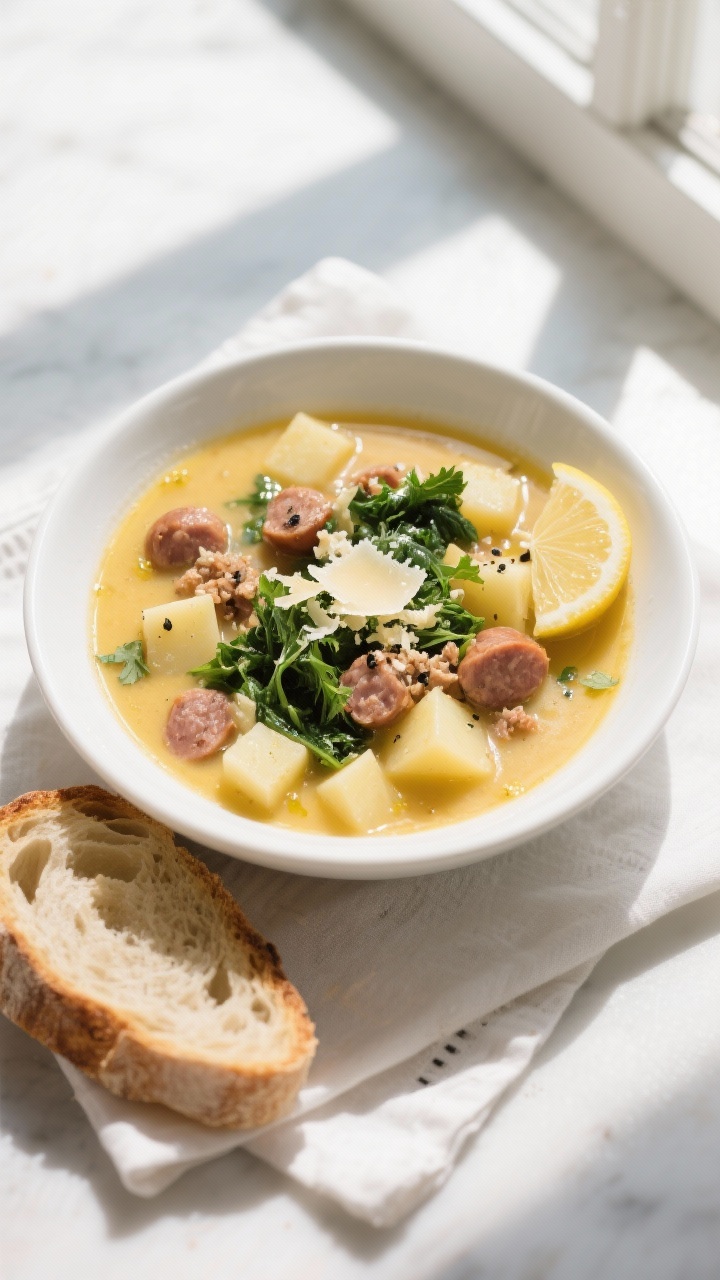 Final dish overhead: Cozy Italian Sausage and Potato Soup in a wide white bowl, creamy golden broth 