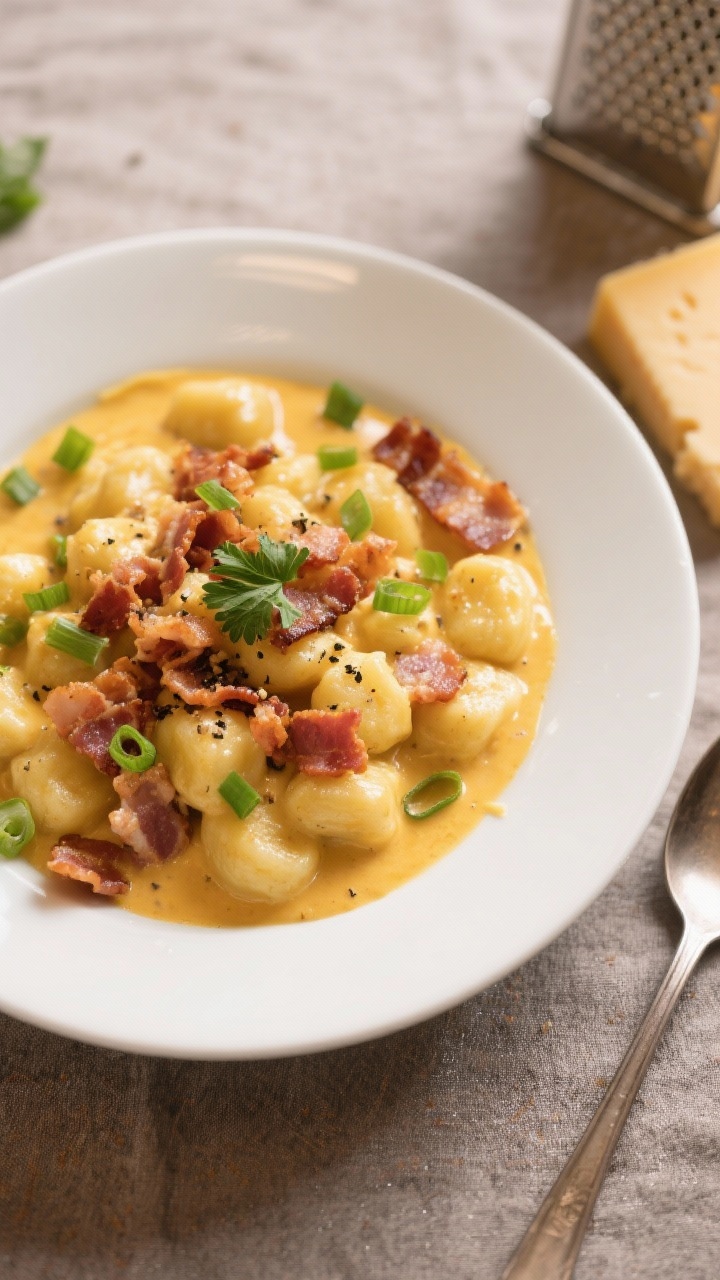 Final dish overhead: Creamy Bacon and Cheddar Gnocchi Delight plated in a wide, shallow white bowl, 