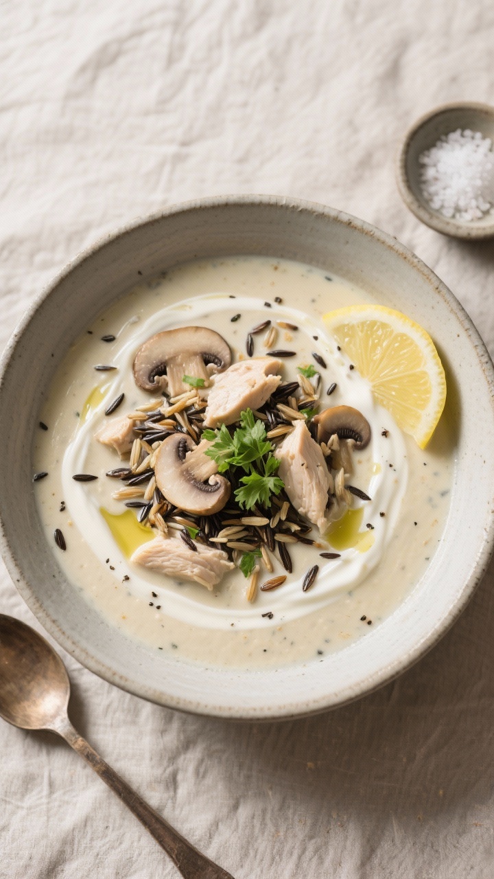 Final dish overhead: Creamy Mushroom Chicken and Wild Rice Soup served in a matte stoneware bowl, to
