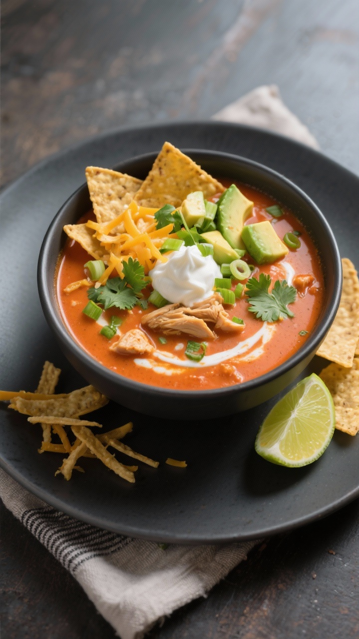 Final dish, overhead shot: Top-down shot of a bowl of creamy Chicken Tortilla Soup finished with a m
