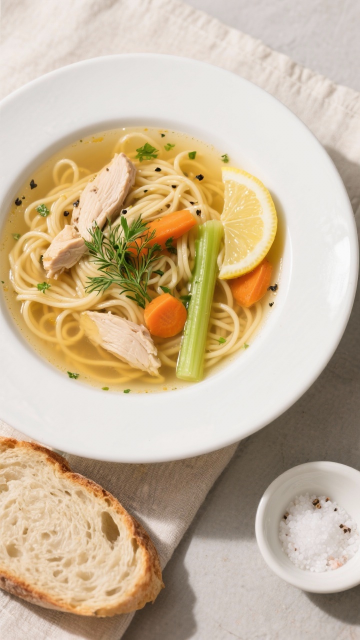 Final dish overhead: Tasty top-view bowl of classic chicken soup with noodles, showing a generous ta