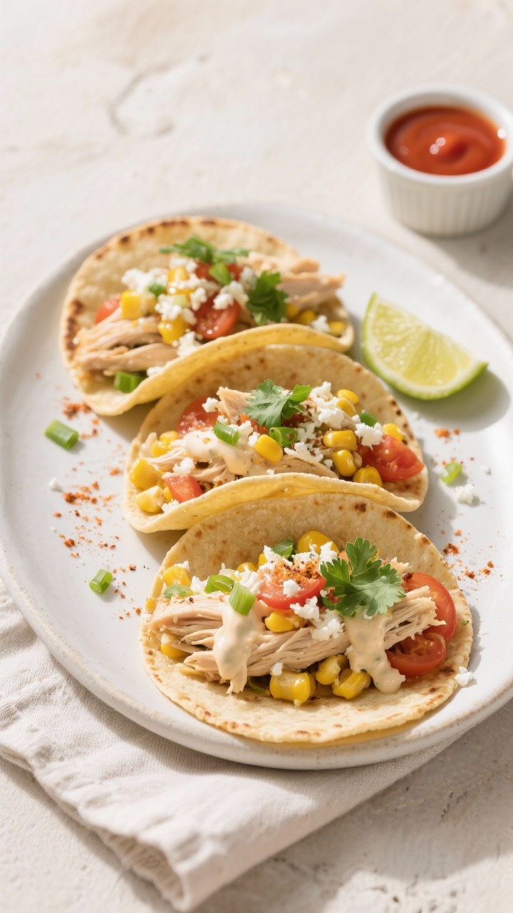 Final dish presentation: Street Corn Chicken taco trio on a matte white oval plate, each warm corn t