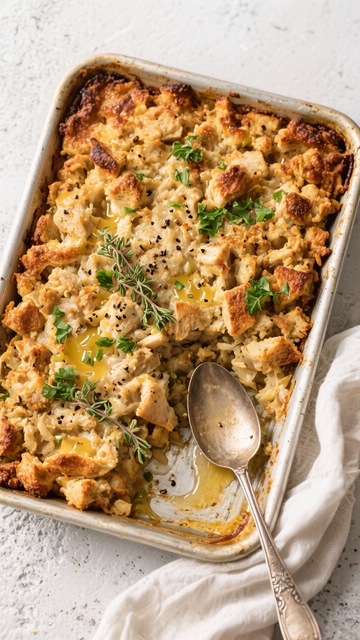 Final dish, tasty : Overhead shot of Grandma’s Thanksgiving stuffing baked in a buttered 9x13 pan,