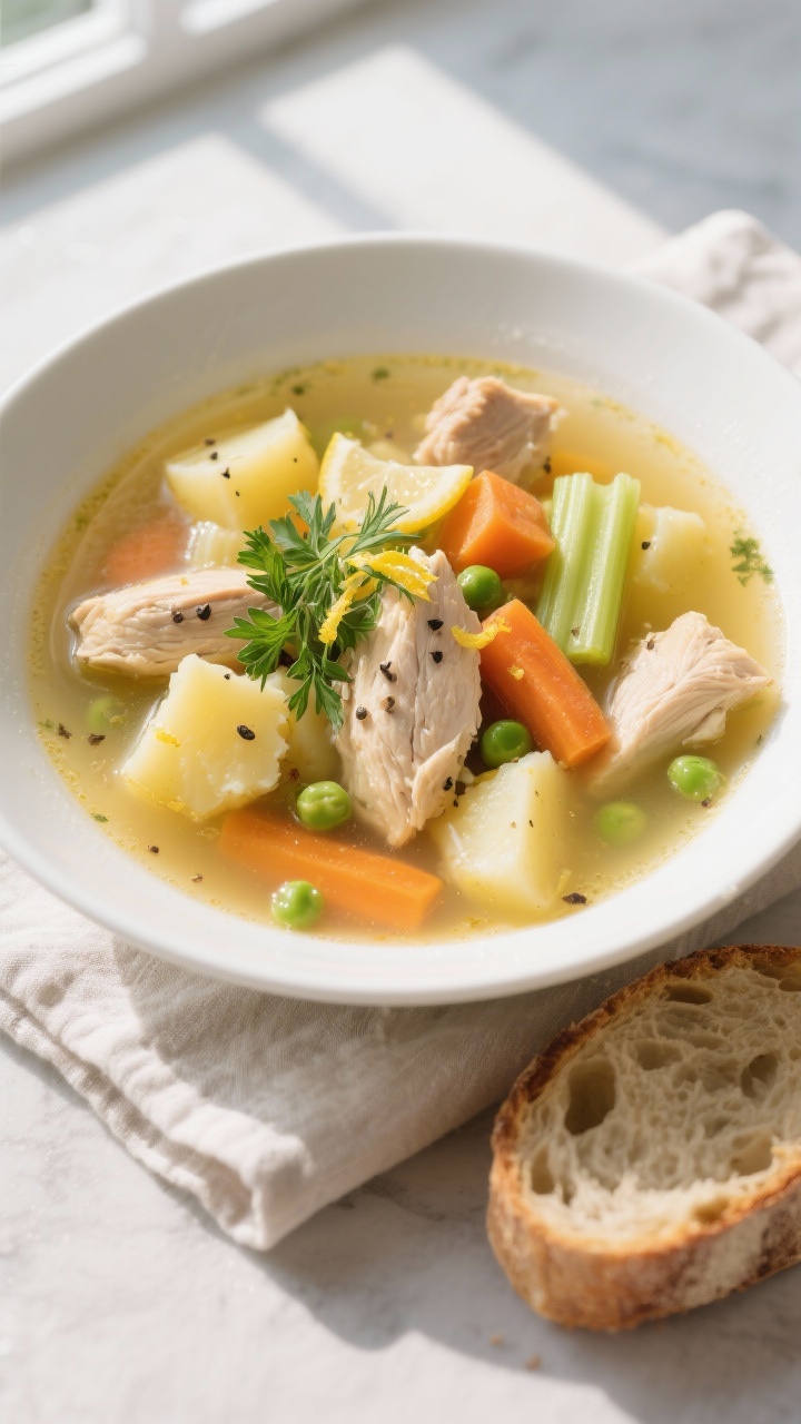 Final dish — Tasty top view: Overhead shot of a hearty bowl of chicken soup with potatoes, showing