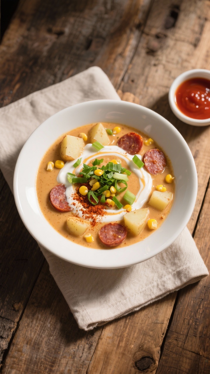 Final dish, tasty top view: Overhead shot of a bowl of Cajun Potato Soup, ultra-creamy with visible