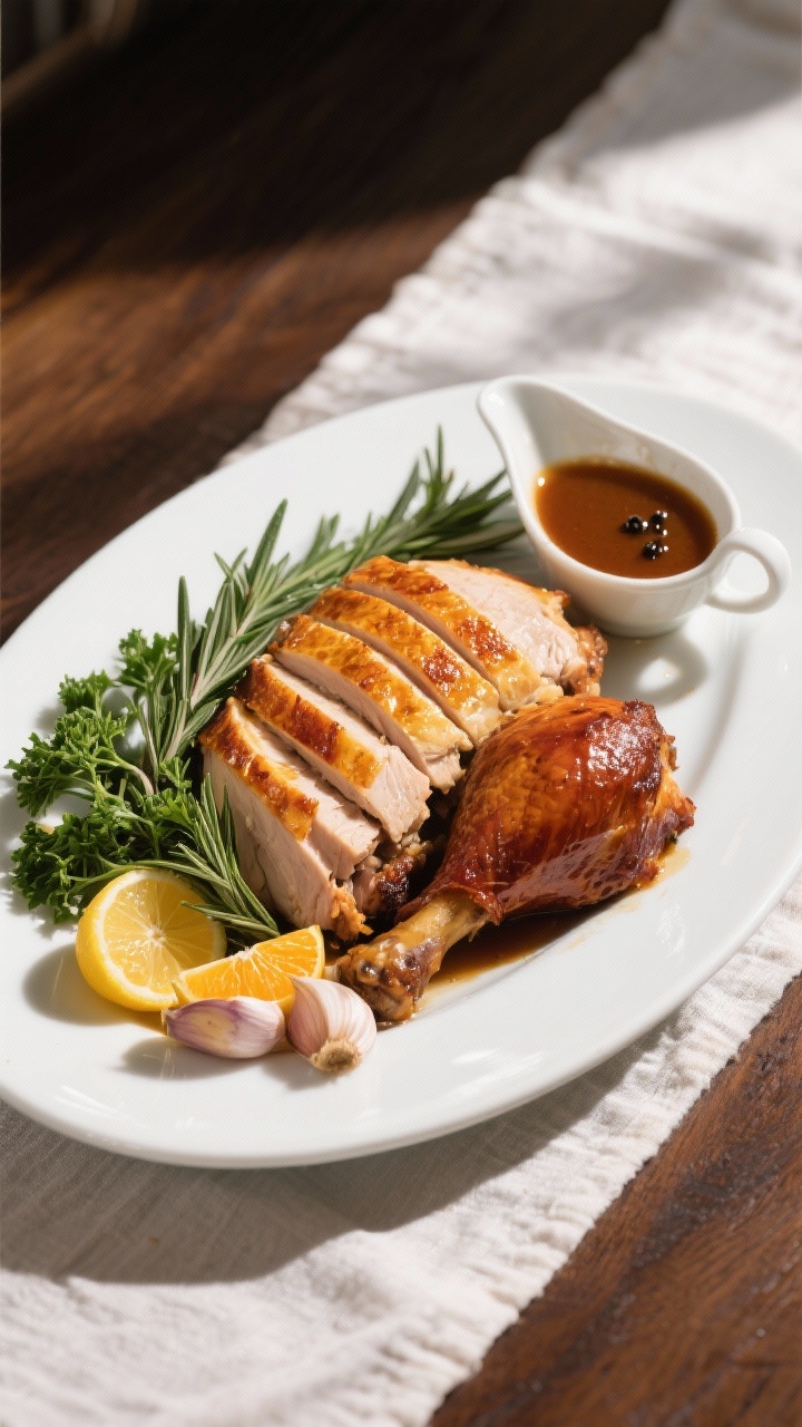 Final dish, tasty top view: Overhead shot of a carved roast turkey platter—juicy breast slices wit