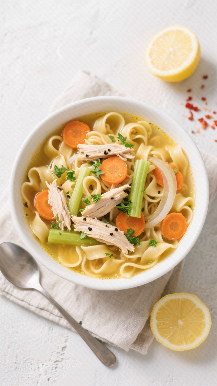 Final dish, tasty top view: Overhead shot of a generous bowl of homestyle chicken noodle soup—wide