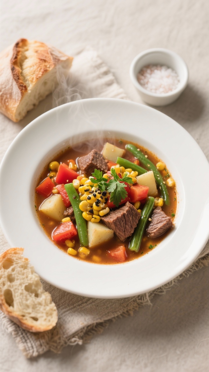 Final dish, tasty top view: Overhead shot of a hearty bowl of vegetable beef soup, showcasing colorf