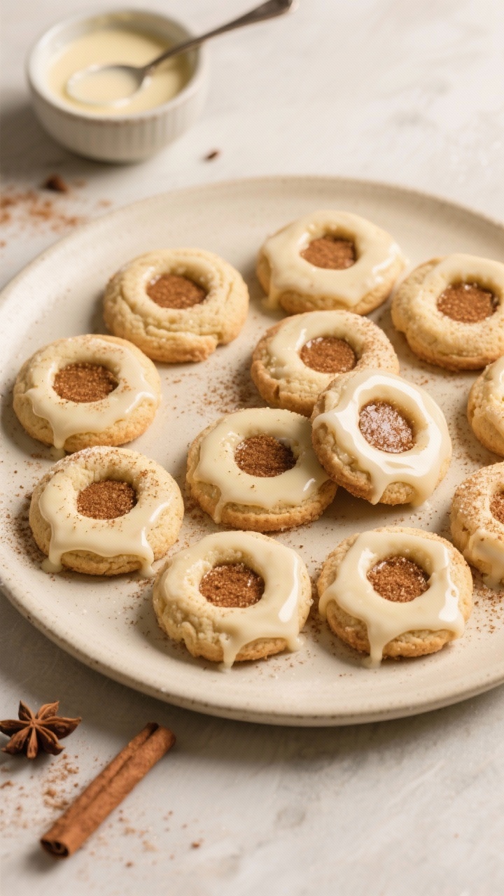 Final dish, tasty top view: Overhead shot of a platter of finished eggnog snickerdoodle thumbprint c