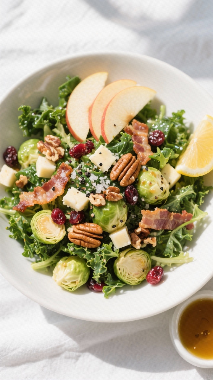 Final dish, tasty top view: Overhead shot of Brussels sprout, kale, and apple salad fully assembled 