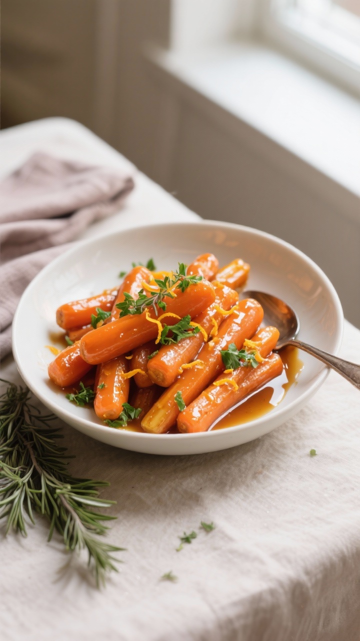 Final dish, tasty top view: Overhead shot of Christmas/Thanksgiving glazed carrots piled in a warm w