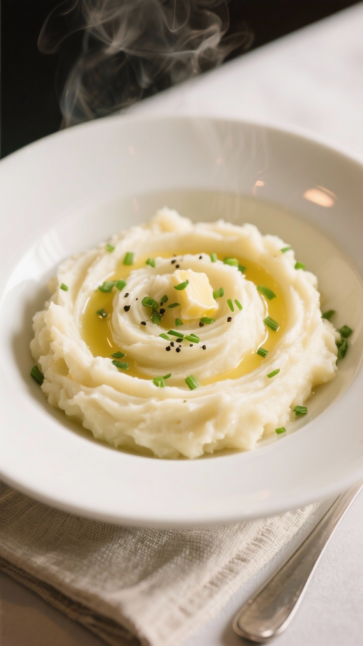 Final dish, tasty top view: Overhead shot of creamy, fluffy mashed potatoes swirled into a warm whit