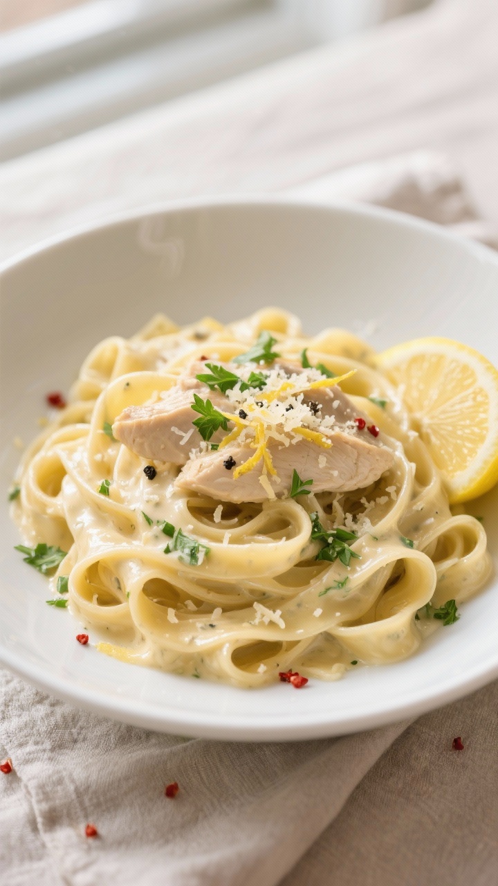 Final dish, tasty top view: Overhead shot of creamy garlic butter chicken pasta (fettuccine) twirled