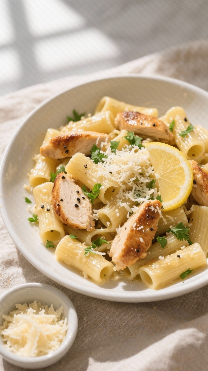 Final dish, tasty top view: Overhead shot of Parmesan Chicken Pasta (rigatoni) tossed glossy and eve