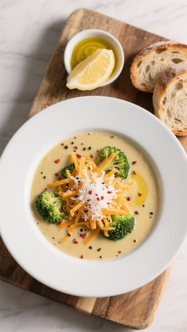 Final dish top view: Overhead shot of a bowl of Protein-Packed Broccoli Cheddar Delight Soup, silky 