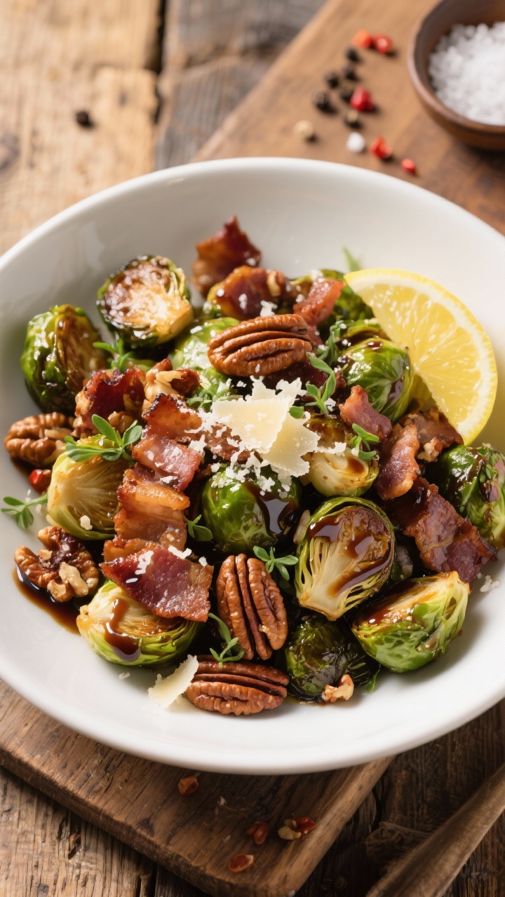 Final dish/top view: Overhead shot of the finished Crispy Bacon Brussels Sprouts piled in a wide, lo