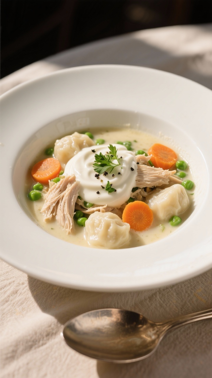 Final plated bowl hero: A deep white ceramic bowl filled with creamy chicken and dumplings, showcasi