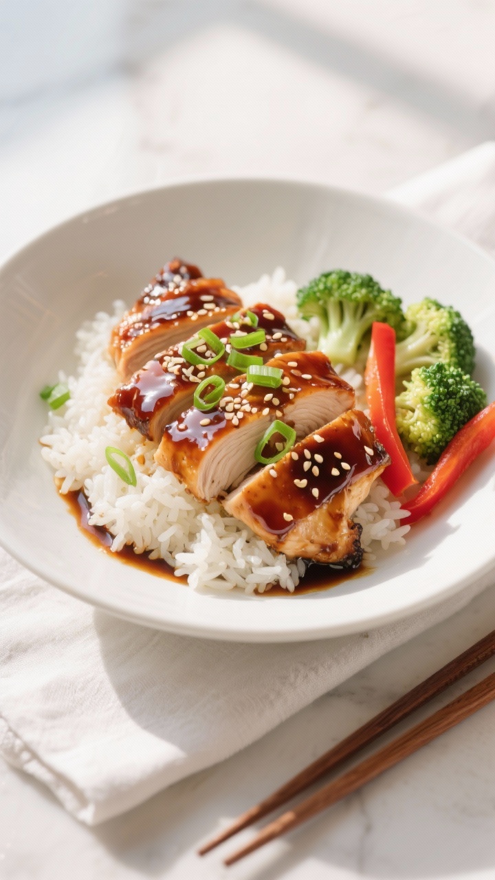 Final plated dish: Beautifully plated teriyaki chicken over fluffy jasmine rice in a wide, matte whi