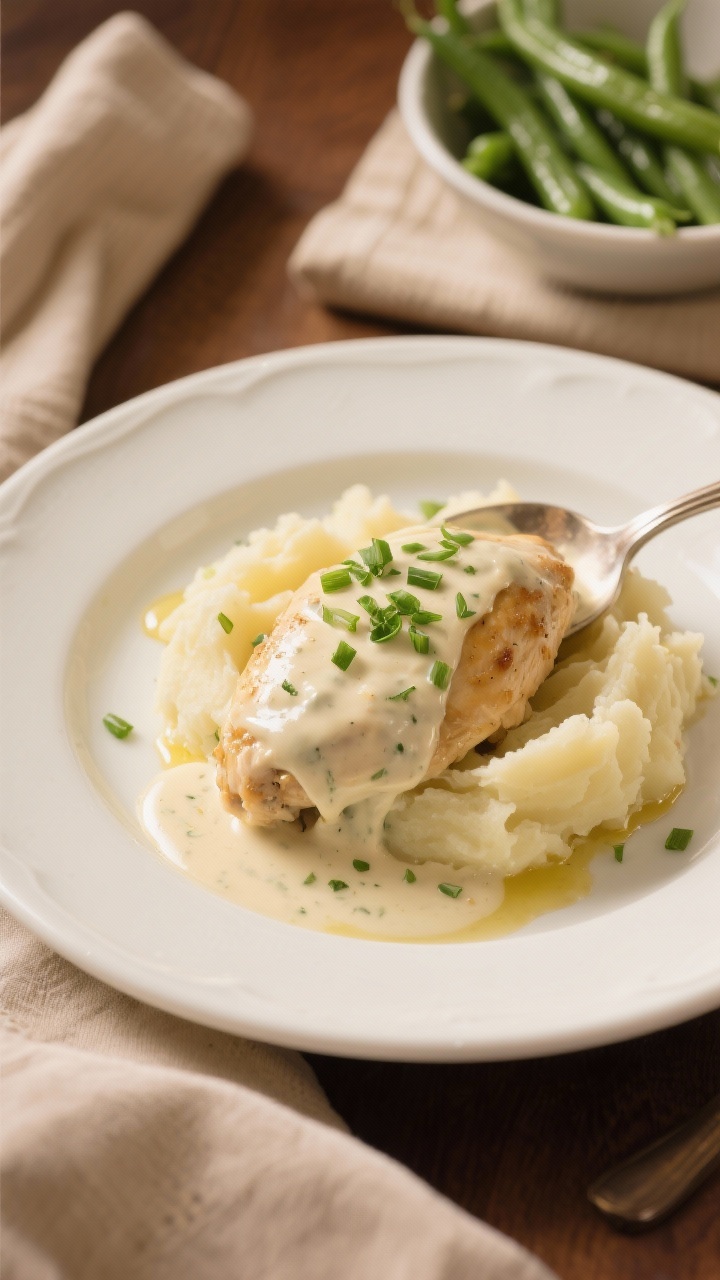 Final plated dish beauty: Creamy ranch chicken spooned over buttery mashed potatoes, nappe-thick sau