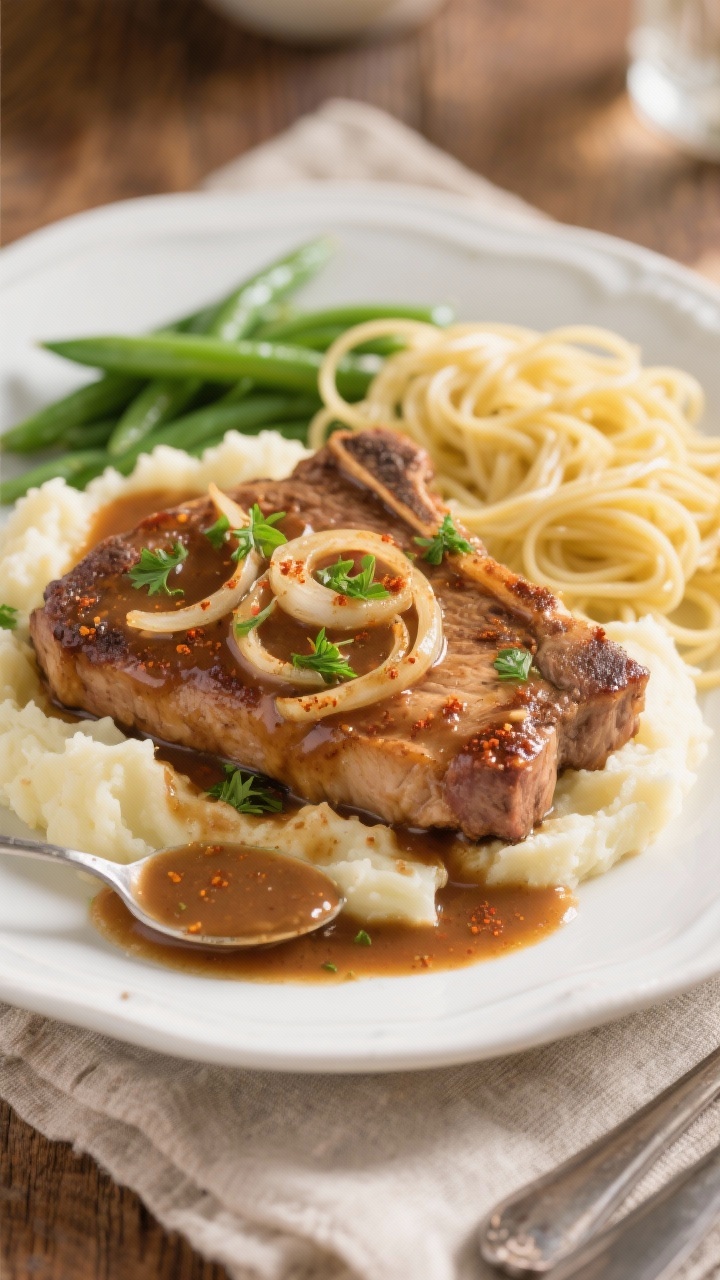 Final plated dish beauty shot: Pioneer Woman-style crockpot pork chops plated over fluffy mashed pot
