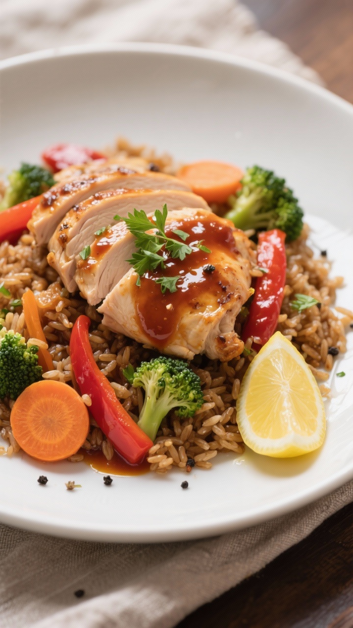 Final plated dish, close-up detail: Close-up of the finished slow-cooked chicken sliced and fanned o