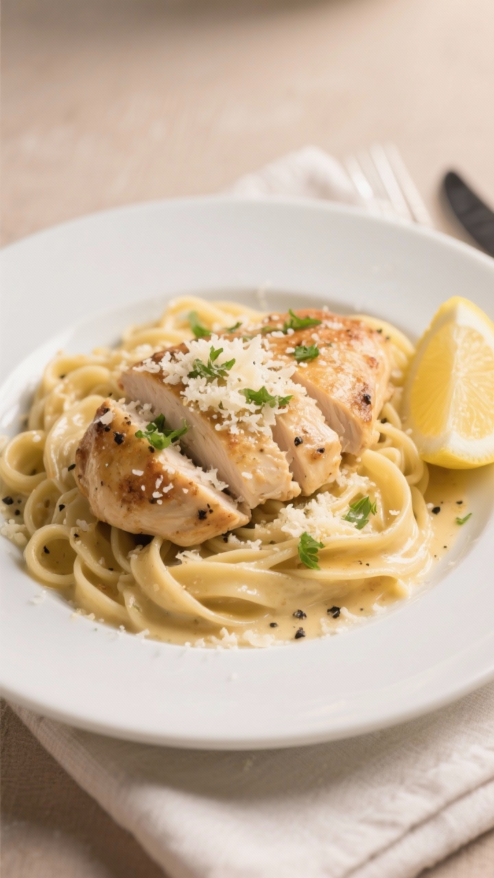 Final plated dish, restaurant-quality presentation: Beautifully plated Garlic Parm Chicken over al d