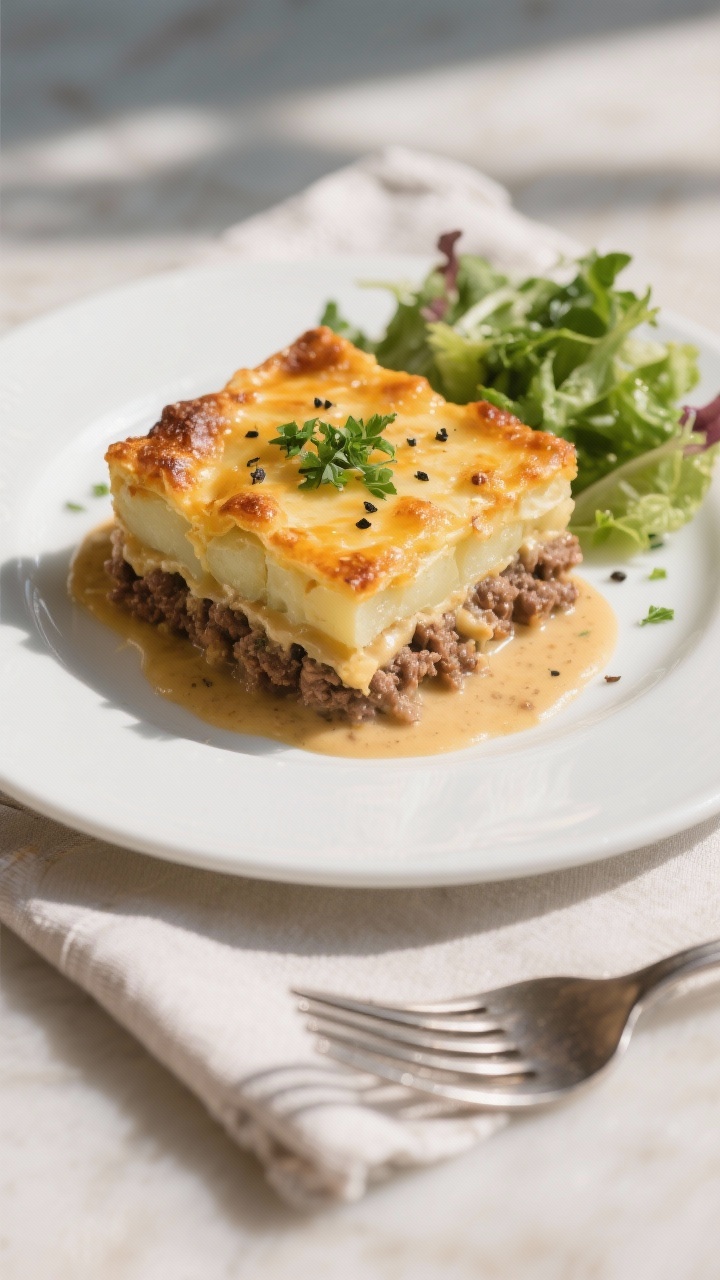 Final plated dish: Restaurant-quality presentation of a neatly scooped square of hamburger potato ca